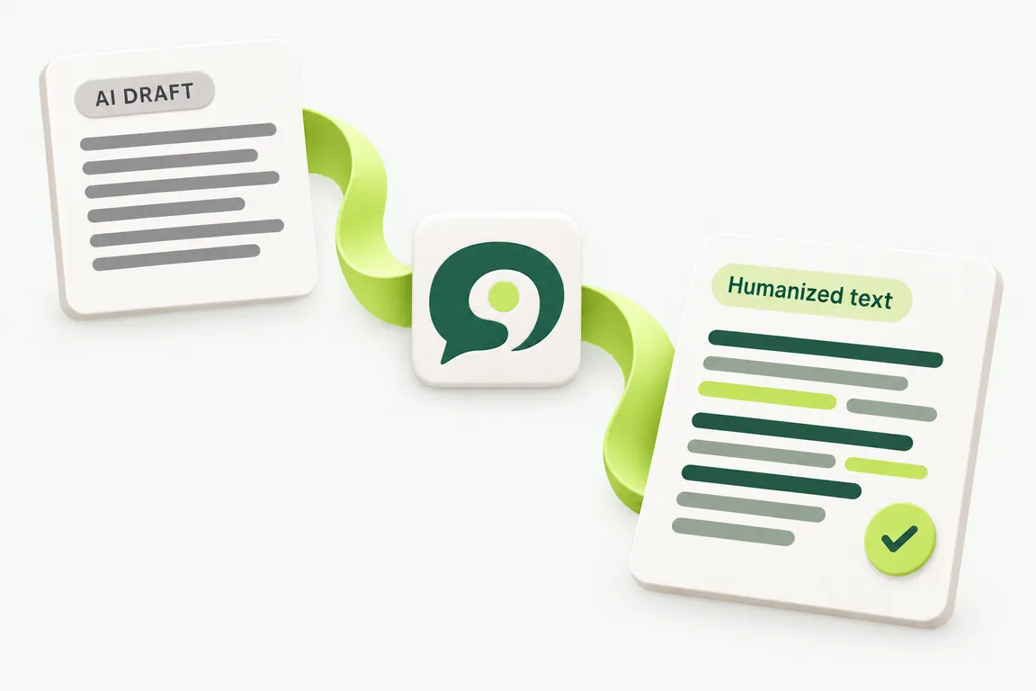 An AI draft becomes humanized text through MyHumanizer, shown as connected document cards.